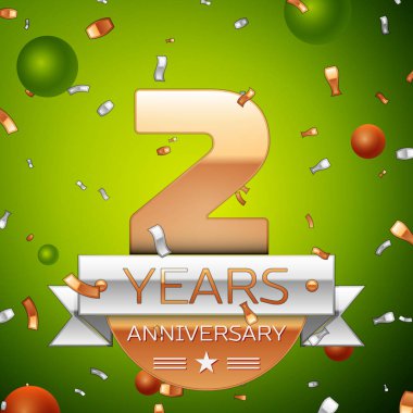 Gerçekçi iki yıl yıldönümü kutlamaları tasarım afiş. Altın numaraları ve gümüş kurdele, balon, konfeti yeşil zemin üzerine. Doğum günü partin için renkli vektör şablon öğeleri
