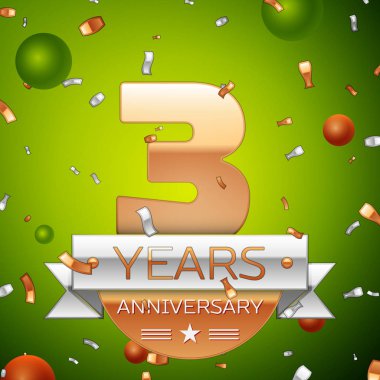 Gerçekçi üç yıl yıldönümü kutlamaları tasarım afiş. Altın numaraları ve gümüş kurdele, balon, konfeti yeşil zemin üzerine. Doğum günü partin için renkli vektör şablon öğeleri