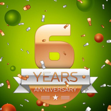 Gerçekçi altı yıl yıldönümü kutlamaları tasarım afiş. Altın numaraları ve gümüş kurdele, balon, konfeti yeşil zemin üzerine. Doğum günü partin için renkli vektör şablon öğeleri