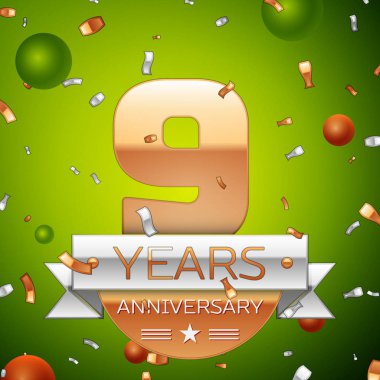 Gerçekçi dokuz yıl yıldönümü kutlamaları tasarım afiş. Altın numaraları ve gümüş kurdele, balon, konfeti yeşil zemin üzerine. Doğum günü partin için renkli vektör şablon öğeleri