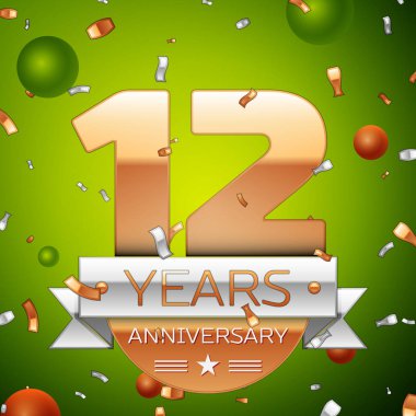 Gerçekçi on iki yıl yıldönümü kutlamaları tasarım afiş. Altın numaraları ve gümüş kurdele, balon, konfeti yeşil zemin üzerine. Doğum günü partin için renkli vektör şablon öğeleri