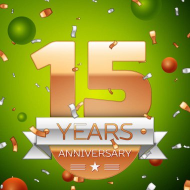 Gerçekçi on beş yıl yıldönümü kutlamaları tasarım afiş. Altın numaraları ve gümüş kurdele, balon, konfeti yeşil zemin üzerine. Doğum günü partin için renkli vektör şablon öğeleri