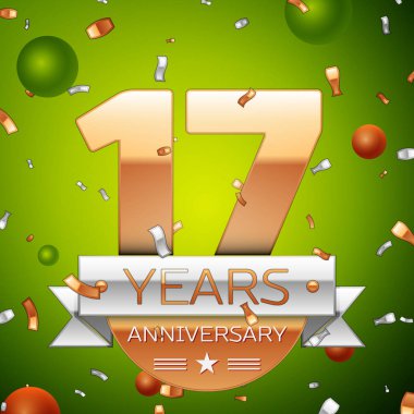 Gerçekçi on yedi yıl yıldönümü kutlamaları tasarım afiş. Altın numaraları ve gümüş kurdele, balon, konfeti yeşil zemin üzerine. Doğum günü partin için renkli vektör şablon öğeleri