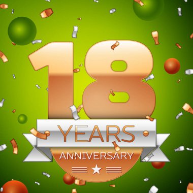 Gerçekçi on sekiz yıl yıldönümü kutlamaları tasarım afiş. Altın numaraları ve gümüş kurdele, balon, konfeti yeşil zemin üzerine. Doğum günü partin için renkli vektör şablon öğeleri