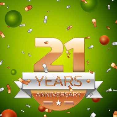 Gerçekçi yirmi bir yıl yıldönümü kutlamaları tasarım afiş. Altın numaraları ve gümüş kurdele, balon, konfeti yeşil zemin üzerine. Doğum günü partin için renkli vektör şablon öğeleri