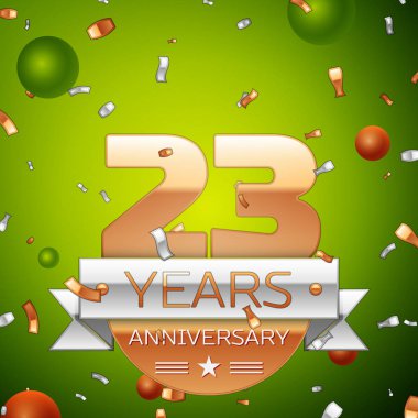 Gerçekçi yirmi üç yıl yıldönümü kutlamaları tasarım afiş. Altın numaraları ve gümüş kurdele, balon, konfeti yeşil zemin üzerine. Doğum günü partin için renkli vektör şablon öğeleri