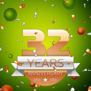 Gerçekçi otuz iki yıl yıldönümü kutlamaları tasarım afiş. Altın numaraları ve gümüş kurdele, balon, konfeti yeşil zemin üzerine. Doğum günü partin için renkli vektör şablon öğeleri