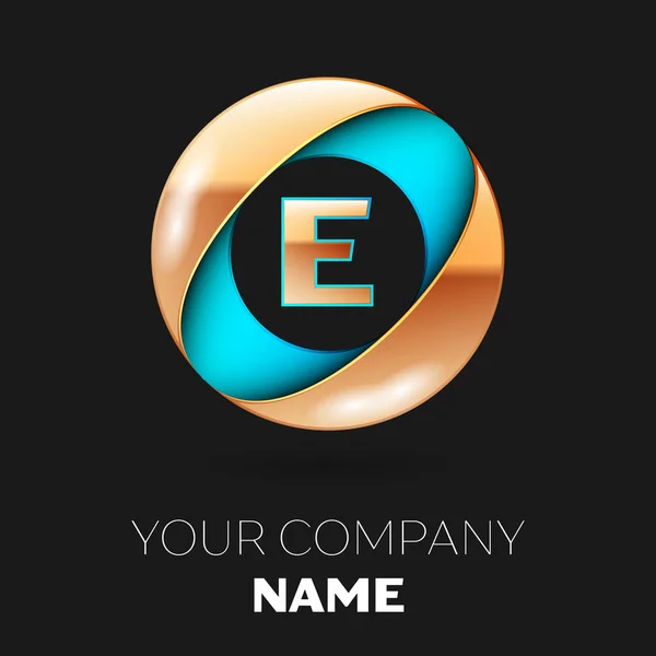 Realistico simbolo del logo Golden Letter E nella forma del cerchio colorato blu-dorato su sfondo nero. Modello vettoriale per il tuo design — Vettoriale Stock