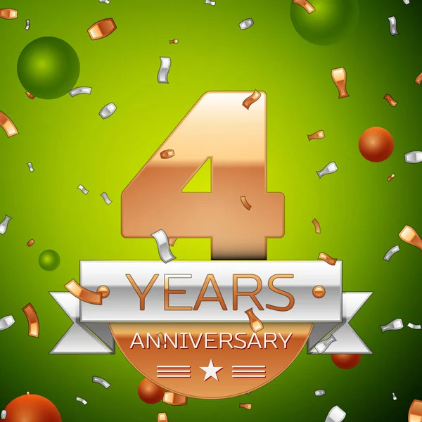 Gerçekçi dört yıl yıldönümü kutlamaları tasarım afiş. Altın numaraları ve gümüş kurdele, balon, konfeti yeşil zemin üzerine. Doğum günü partin için renkli vektör şablon öğeleri