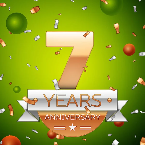 Gerçekçi yedi yıl yıldönümü kutlamaları tasarım afiş. Altın numaraları ve gümüş kurdele, balon, konfeti yeşil zemin üzerine. Doğum günü partin için renkli vektör şablon öğeleri