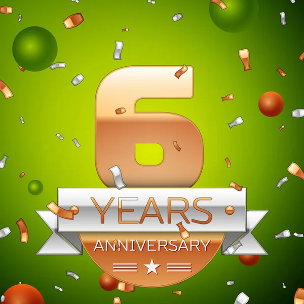 Gerçekçi altı yıl yıldönümü kutlamaları tasarım afiş. Altın numaraları ve gümüş kurdele, balon, konfeti yeşil zemin üzerine. Doğum günü partin için renkli vektör şablon öğeleri