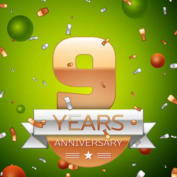 Gerçekçi dokuz yıl yıldönümü kutlamaları tasarım afiş. Altın numaraları ve gümüş kurdele, balon, konfeti yeşil zemin üzerine. Doğum günü partin için renkli vektör şablon öğeleri
