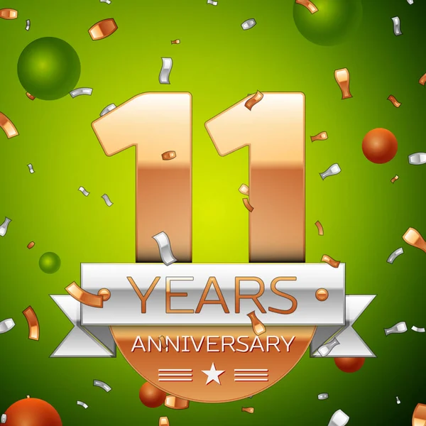 Gerçekçi onbir yıl yıldönümü kutlamaları tasarım afiş. Altın numaraları ve gümüş kurdele, balon, konfeti yeşil zemin üzerine. Doğum günü partin için renkli vektör şablon öğeleri