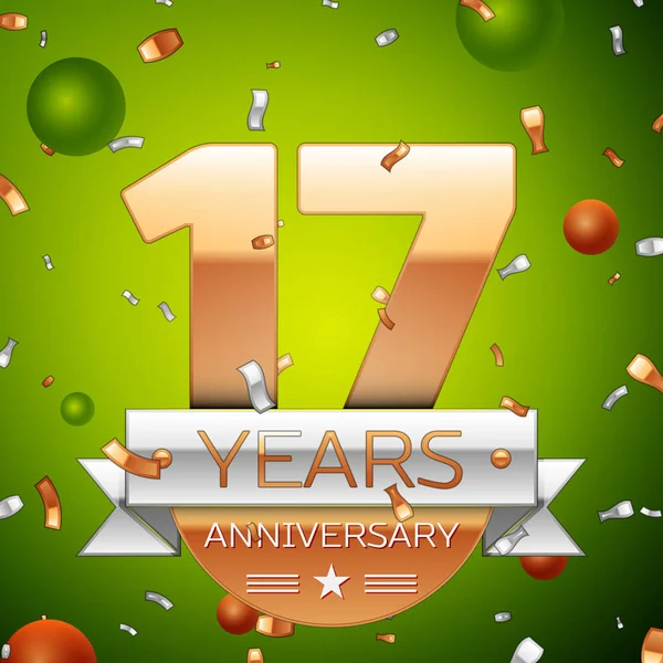 Gerçekçi on yedi yıl yıldönümü kutlamaları tasarım afiş. Altın numaraları ve gümüş kurdele, balon, konfeti yeşil zemin üzerine. Doğum günü partin için renkli vektör şablon öğeleri
