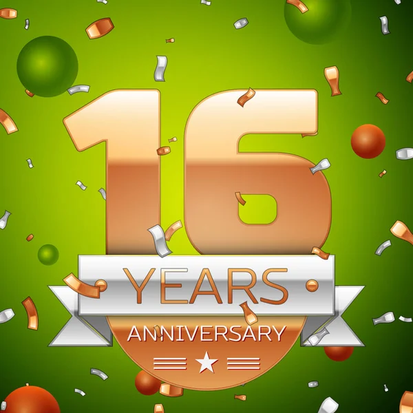 Gerçekçi on altı yıl yıldönümü kutlamaları tasarım afiş. Altın numaraları ve gümüş kurdele, balon, konfeti yeşil zemin üzerine. Doğum günü partin için renkli vektör şablon öğeleri