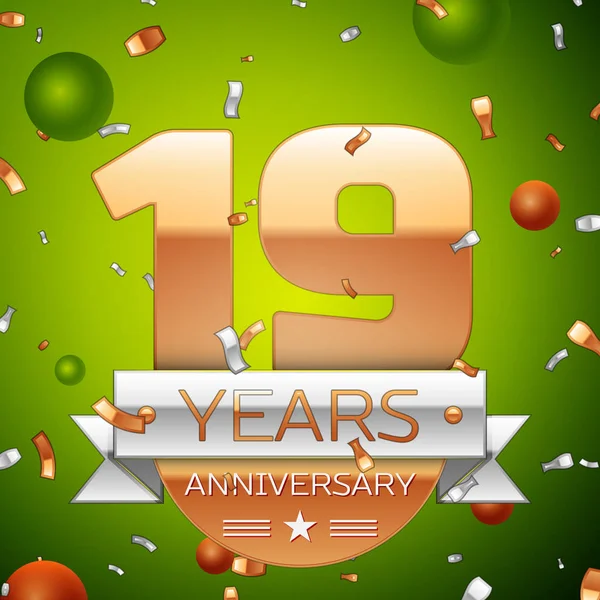 Gerçekçi on dokuz yıl yıldönümü kutlamaları tasarım afiş. Altın numaraları ve gümüş kurdele, balon, konfeti yeşil zemin üzerine. Doğum günü partin için renkli vektör şablon öğeleri