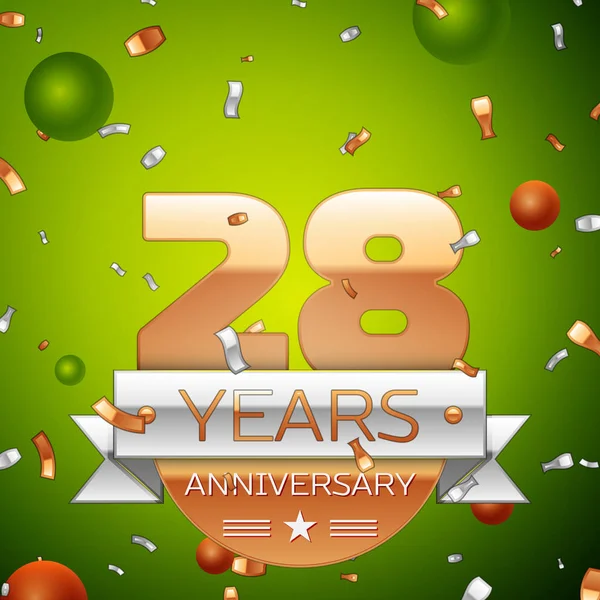 Realista Veintiocho Años Aniversario Banner de diseño de celebración. Números dorados y cinta plateada, globos, confeti sobre fondo verde. Coloridos elementos de plantilla Vector para su fiesta de cumpleaños — Vector de stock