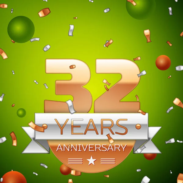 Gerçekçi otuz iki yıl yıldönümü kutlamaları tasarım afiş. Altın numaraları ve gümüş kurdele, balon, konfeti yeşil zemin üzerine. Doğum günü partin için renkli vektör şablon öğeleri