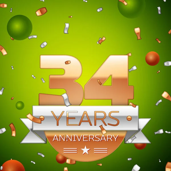 Gerçekçi otuz dört yıl yıldönümü kutlamaları tasarım afiş. Altın numaraları ve gümüş kurdele, balon, konfeti yeşil zemin üzerine. Doğum günü partin için renkli vektör şablon öğeleri