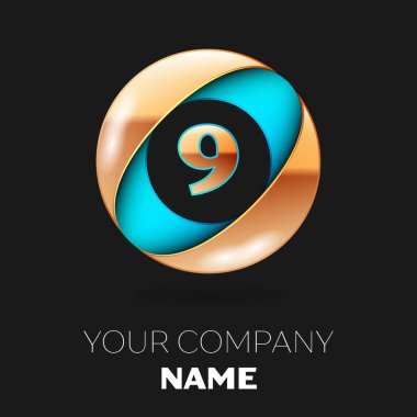 Gerçekçi altın Number Nine logo sembol siyah zemin üzerine mavi-altın renkli daire şeklinde. Tasarımınız için vektör şablonu