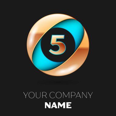 Gerçekçi altın beş numara logo sembol siyah zemin üzerine mavi-altın renkli daire şeklinde. Tasarımınız için vektör şablonu