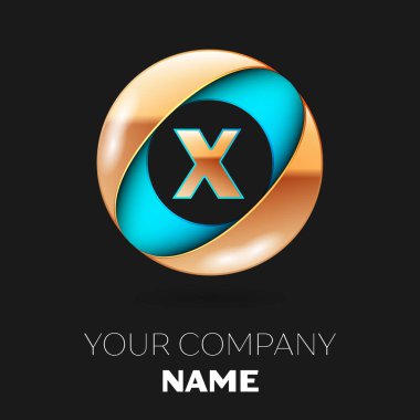 Gerçekçi altın harf X logo sembol siyah zemin üzerine mavi-altın renkli daire şeklinde. Tasarımınız için vektör şablonu