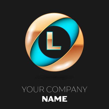 Gerçekçi altın L harfi logo sembol siyah zemin üzerine mavi-altın renkli daire şeklinde. Tasarımınız için vektör şablonu