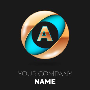 Gerçekçi altın harf logo sembol siyah zemin üzerine mavi-altın renkli daire şeklinde. Tasarımınız için vektör şablonu