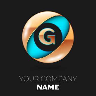Gerçekçi altın harf G logo sembol siyah zemin üzerine mavi-altın renkli daire şeklinde. Tasarımınız için vektör şablonu