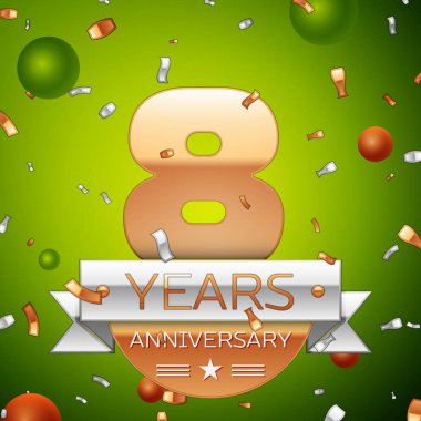 Gerçekçi sekiz yıl yıldönümü kutlamaları tasarım afiş. Altın numaraları ve gümüş kurdele, balon, konfeti yeşil zemin üzerine. Doğum günü partin için renkli vektör şablon öğeleri