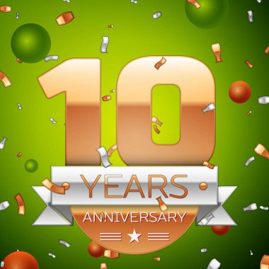 Gerçekçi on yıl yıldönümü kutlamaları tasarım afiş. Altın numaraları ve gümüş kurdele, balon, konfeti yeşil zemin üzerine. Doğum günü partin için renkli vektör şablon öğeleri