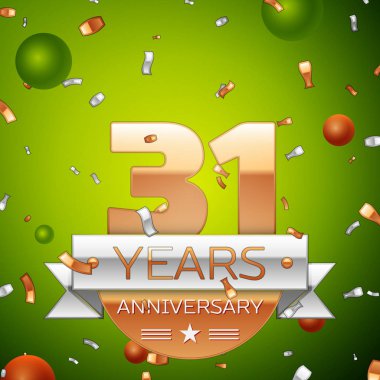 Gerçekçi otuz bir yıl yıldönümü kutlamaları tasarım afiş. Altın numaraları ve gümüş kurdele, balon, konfeti yeşil zemin üzerine. Doğum günü partin için renkli vektör şablon öğeleri