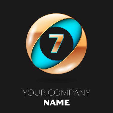 Gerçekçi altın yedi numara logo sembol siyah zemin üzerine mavi-altın renkli daire şeklinde. Tasarımınız için vektör şablonu