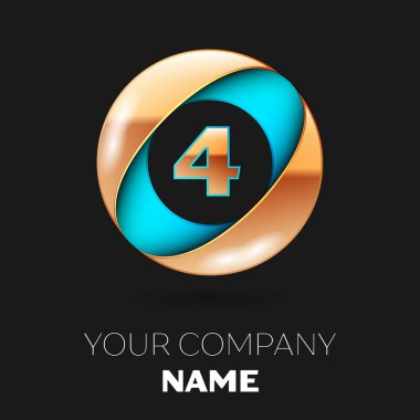 Gerçekçi altın sayı dört logo sembol siyah zemin üzerine mavi-altın renkli daire şeklinde. Tasarımınız için vektör şablonu