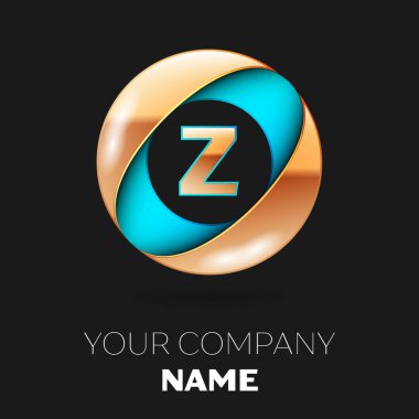 Gerçekçi altın harf Z logo sembol siyah zemin üzerine mavi-altın renkli daire şeklinde. Tasarımınız için vektör şablonu