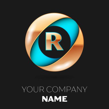 Gerçekçi altın harf R logo sembol siyah zemin üzerine mavi-altın renkli daire şeklinde. Tasarımınız için vektör şablonu