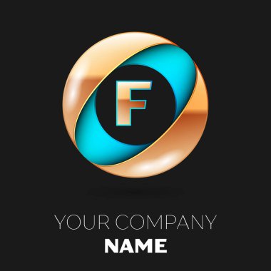 Gerçekçi altın harf F logo sembol siyah zemin üzerine mavi-altın renkli daire şeklinde. Tasarımınız için vektör şablonu