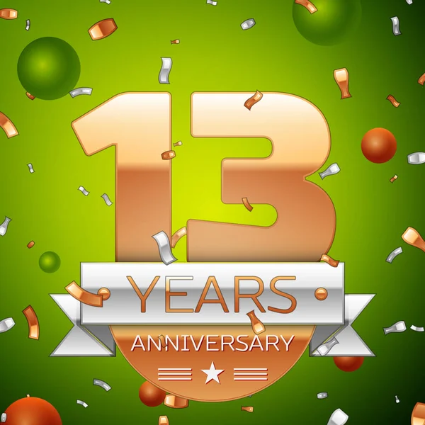 Gerçekçi onüç yıl yıldönümü kutlamaları tasarım afiş. Altın numaraları ve gümüş kurdele, balon, konfeti yeşil zemin üzerine. Doğum günü partin için renkli vektör şablon öğeleri
