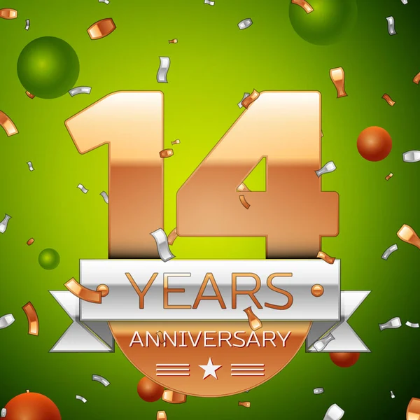 Рэпер Foorteen Years создал баннер. Золотые цифры и серебряная лента, воздушные шары, конфетти на зеленом фоне. Цветные элементы шаблона вектора для вашего дня рождения — стоковый вектор