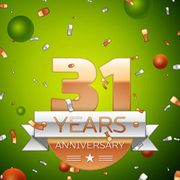 Gerçekçi otuz bir yıl yıldönümü kutlamaları tasarım afiş. Altın numaraları ve gümüş kurdele, balon, konfeti yeşil zemin üzerine. Doğum günü partin için renkli vektör şablon öğeleri
