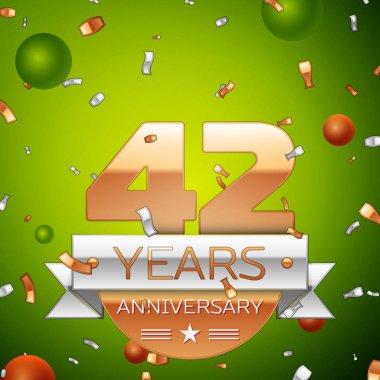 Gerçekçi kırk iki yıl yıldönümü kutlamaları tasarım afiş. Altın numaraları ve gümüş kurdele, balon, konfeti yeşil zemin üzerine. Doğum günü partin için renkli vektör şablon öğeleri