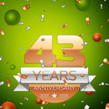 Gerçekçi kırk üç yıl yıldönümü kutlamaları tasarım afiş. Altın numaraları ve gümüş kurdele, balon, konfeti yeşil zemin üzerine. Doğum günü partin için renkli vektör şablon öğeleri
