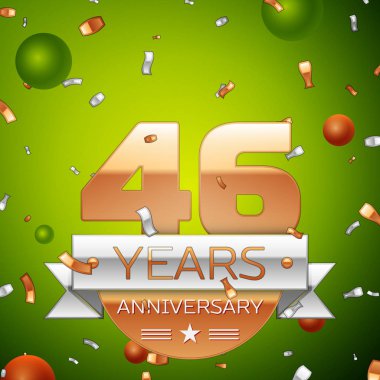 Gerçekçi kırk altı yıl yıldönümü kutlamaları tasarım afiş. Altın numaraları ve gümüş kurdele, balon, konfeti yeşil zemin üzerine. Doğum günü partin için renkli vektör şablon öğeleri