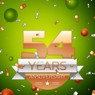 Gerçekçi elli dört yıl yıldönümü kutlamaları tasarım afiş. Altın numaraları ve gümüş kurdele, balon, konfeti yeşil zemin üzerine. Doğum günü partin için renkli vektör şablon öğeleri