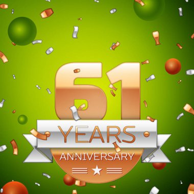 Gerçekçi altmış bir yıl yıldönümü kutlamaları tasarım afiş. Altın numaraları ve gümüş kurdele, balon, konfeti yeşil zemin üzerine. Doğum günü partin için renkli vektör şablon öğeleri