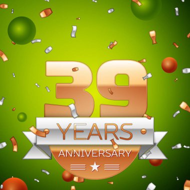 Gerçekçi otuz dokuz yıl yıldönümü kutlamaları tasarım afiş. Altın numaraları ve gümüş kurdele, balon, konfeti yeşil zemin üzerine. Doğum günü partin için renkli vektör şablon öğeleri