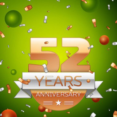 Gerçekçi elli iki yıl yıldönümü kutlamaları tasarım afiş. Altın numaraları ve gümüş kurdele, balon, konfeti yeşil zemin üzerine. Doğum günü partin için renkli vektör şablon öğeleri