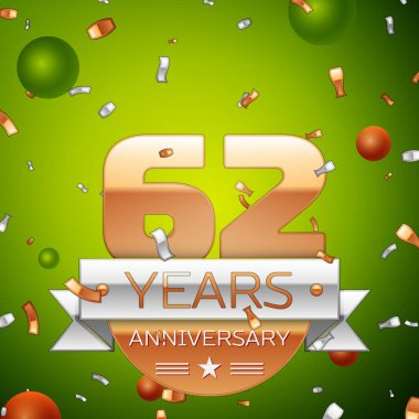 Gerçekçi altmış iki yıl yıldönümü kutlamaları tasarım afiş. Altın numaraları ve gümüş kurdele, balon, konfeti yeşil zemin üzerine. Doğum günü partin için renkli vektör şablon öğeleri