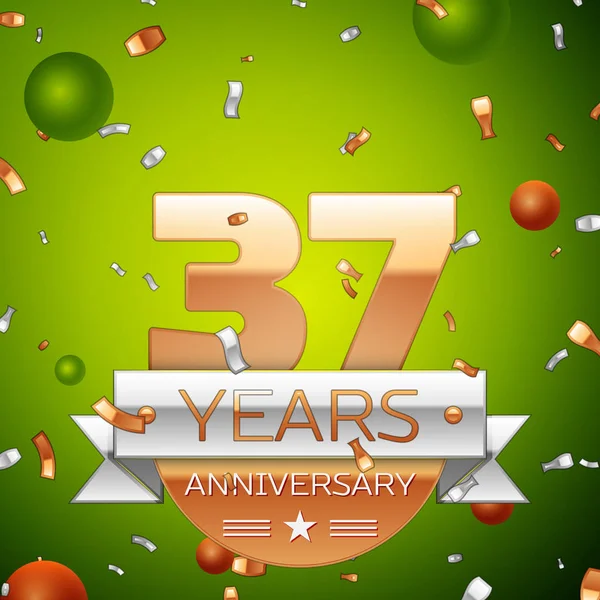 Gerçekçi otuz yedi yıl yıldönümü kutlamaları tasarım afiş. Altın numaraları ve gümüş kurdele, balon, konfeti yeşil zemin üzerine. Doğum günü partin için renkli vektör şablon öğeleri