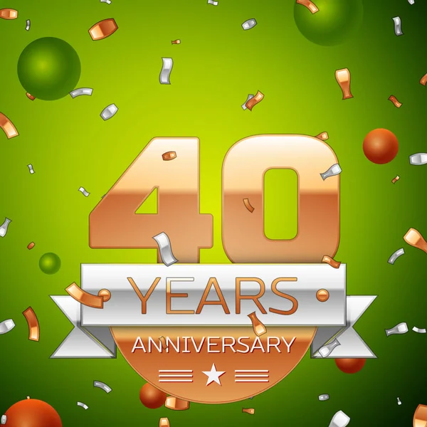 Gerçekçi kırk yıl yıldönümü kutlamaları tasarım afiş. Altın numaraları ve gümüş kurdele, balon, konfeti yeşil zemin üzerine. Doğum günü partin için renkli vektör şablon öğeleri